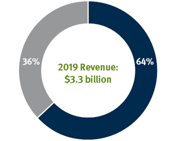 Pie chart showing the percentage of revenue at Stifel that comes from the Institutional Group -36% and Global Wealth Management - 64%